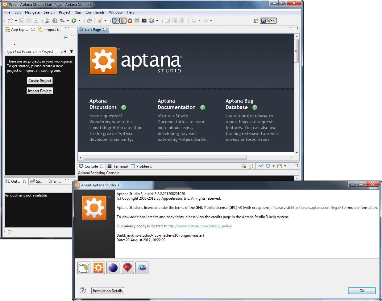 aptana for windows xp